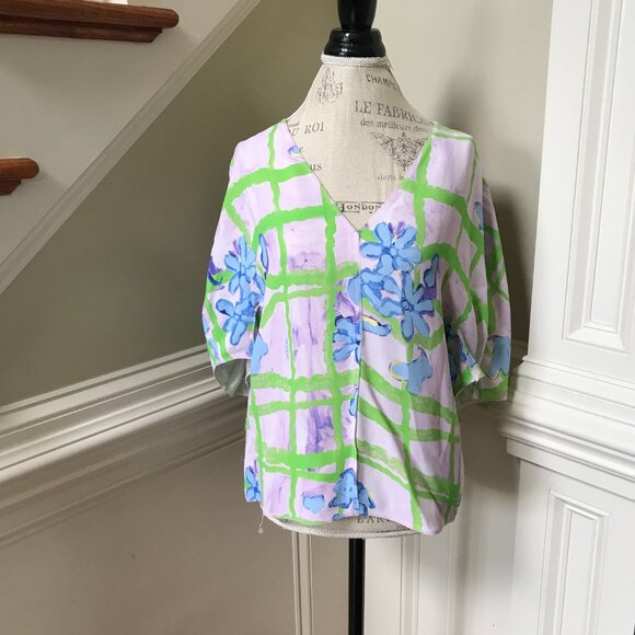 Marni Floral Print Blouse Top Shirt Womens 46 10 Large Blue Green Purple V-Neck - Picture 4 of 14